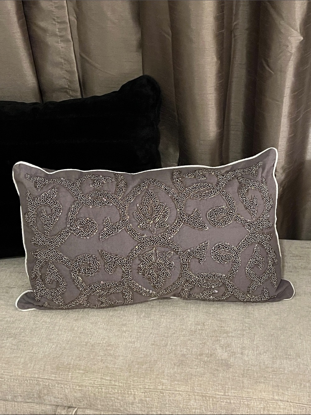 2 Decorative Throw Pillows: High-end, Gorgeous! Beaded Silver-Gray & Black “Fur”